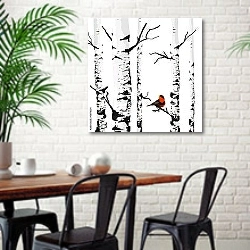 «Снегирь в березах» в интерьере столовой в скандинавском стиле с кирпичной стеной