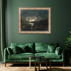 «Binnenalster, 1764» в интерьере зеленой гостиной над диваном