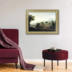 «Вид Сицилии. Горы. 1811» в интерьере гостиной в бордовых тонах