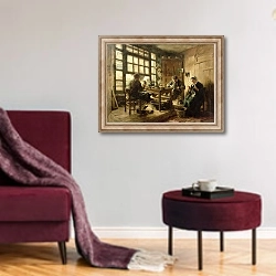 «The Cobblers, 1880» в интерьере гостиной в бордовых тонах