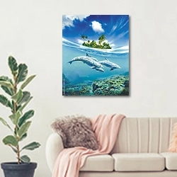 «Семья дельфинов у острова» в интерьере современной светлой гостиной над диваном