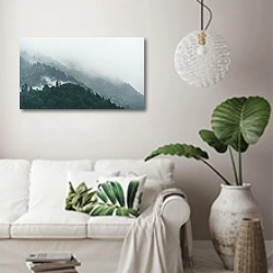«Туманные леса на склонах холмов» в интерьере светлой гостиной в скандинавском стиле над диваном