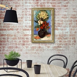 «Ваза с гвоздиками и другими цветами» в интерьере современной кухни с кирпичной стеной