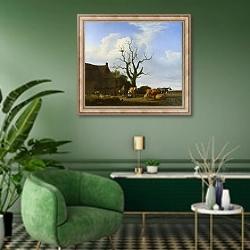«Ферма с мертвым деревом» в интерьере гостиной в зеленых тонах