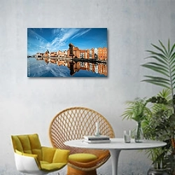 «Польша. Cityscape of Gdansk, view across the river» в интерьере современной гостиной с желтым креслом