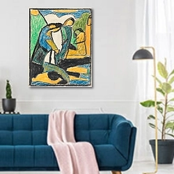 «Figurale Komposition» в интерьере современной гостиной над синим диваном
