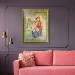 «Дитя у груди (Материнство)» в интерьере гостиной с розовым диваном