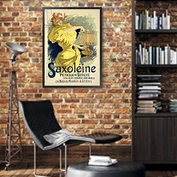 «Reproduction of a poster advertising 'Saxoleine', safe parrafin oil, 1896» в интерьере кабинета в стиле лофт с кирпичными стенами