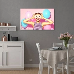 «Девушка держит сахарные пончики на розовом фоне с воздушными шарами» в интерьере современной кухни
