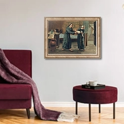 «Roger Bacon sending his Magnum Opus to the Pope» в интерьере гостиной в бордовых тонах