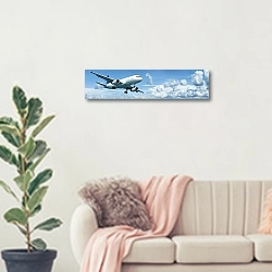 «Панорамный постер с самолетом» в интерьере современной светлой гостиной над диваном