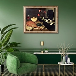 «Still Life with Chess-board, 1630» в интерьере гостиной в зеленых тонах