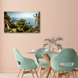 «Италия, Капри. Panoramic view of Capri from Mount Solaro» в интерьере современной столовой в пастельных тонах