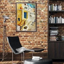 «Греция. Улицы Санторини #4. Винтаж» в интерьере кабинета в стиле лофт с кирпичными стенами