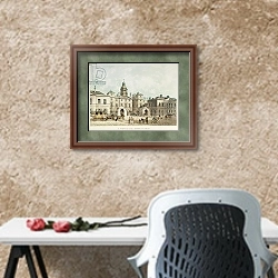 «A view of the Horse Guards from Whitehall engraved by J.C Sadler» в интерьере кабинета с песочной стеной над столом