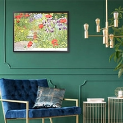 «Poppies and Irises near the Pond» в интерьере в классическом стиле с зеленой стеной
