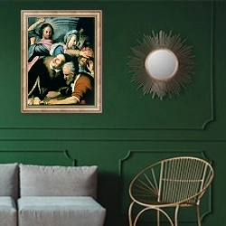 «Christ Driving the Moneychangers from the Temple, 1626» в интерьере классической гостиной с зеленой стеной над диваном