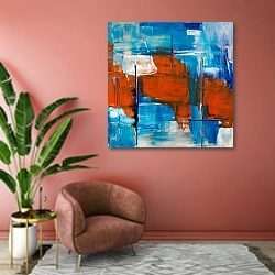 «Бело-голубая абстракция с красными элементами 2» в интерьере современной гостиной в розовых тонах