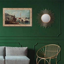 «Landscape with a Canal» в интерьере классической гостиной с зеленой стеной над диваном