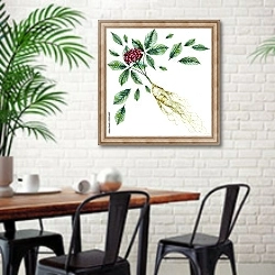 «Акварельный корень женьшеня и ягоды» в интерьере столовой в скандинавском стиле с кирпичной стеной