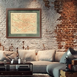 «Карта Нюрнберга, конец 19 в. 2» в интерьере гостиной в стиле лофт с кирпичной стеной