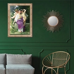 «The Heart's Awakening, 1892» в интерьере классической гостиной с зеленой стеной над диваном