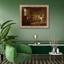 «The Blacksmith's Shop, c.1810-20» в интерьере гостиной в зеленых тонах