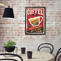 «Горячий кофе, ретро вывсеска для кофейни» в интерьере кухни в стиле лофт с кирпичной стеной