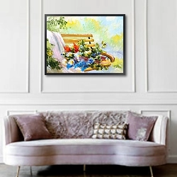 «Букет цветов на скамейке» в интерьере гостиной в классическом стиле над диваном