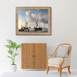 «Голландские корабли у берега в штиль, один салютует» в интерьере в классическом стиле над комодом
