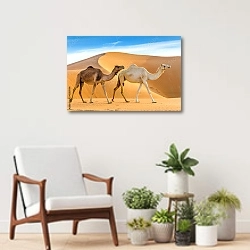 «Верблюды идущие по пустыне, ОАЭ» в интерьере современной комнаты над креслом