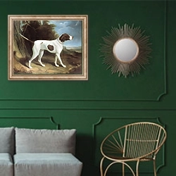 «Portrait of a liver and white pointer» в интерьере классической гостиной с зеленой стеной над диваном