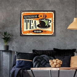 «Освежающий чай. Ретро-плакат с чашкой чая на старом ржавом фоне» в интерьере гостиной в стиле лофт в серых тонах