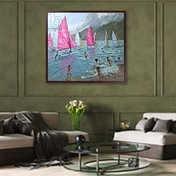 «Pink and white sails,Lefkas,2007,» в интерьере гостиной в оливковых тонах