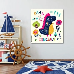 «Иллюстрация с забавным динозавром и цветком» в интерьере детской комнаты для мальчика в морской тематике