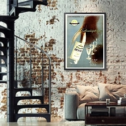 «Ретро-Реклама 310» в интерьере двухярусной гостиной в стиле лофт с кирпичной стеной