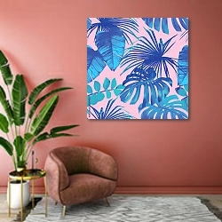 «Синие тропические листья на розовом фоне» в интерьере современной гостиной в розовых тонах