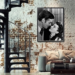 «История в черно-белых фото 984» в интерьере двухярусной гостиной в стиле лофт с кирпичной стеной