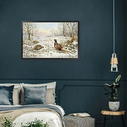 «Pheasant and Partridges in a Snowy Landscape» в интерьере прихожей в зеленых тонах над комодом
