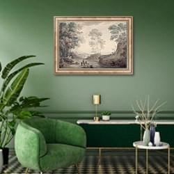 «Landscape with River and Horses Watering» в интерьере гостиной в зеленых тонах
