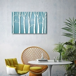 «Белые стволы деревьев на голубом» в интерьере современной гостиной с желтым креслом