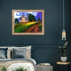 «Пейзаж с сельской церковью» в интерьере классической спальни с темными стенами