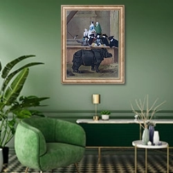 «Представление носорога в Венеции» в интерьере гостиной в зеленых тонах