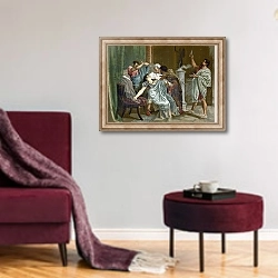 «Death of Lucretia» в интерьере гостиной в бордовых тонах