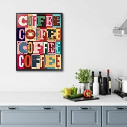 «Кофейный типографский марочный гранж-плакат» в интерьере кухни в голубых тонах