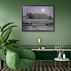 «Horse in Moonlight, 2005» в интерьере гостиной в зеленых тонах