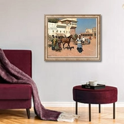 «Persian Horse Dealer, Bombay, 1880s» в интерьере гостиной в бордовых тонах