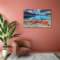 «Озеро Уакатипу, Новая Зеландия 2» в интерьере современной гостиной в розовых тонах