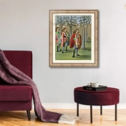 «Minstrels, c 1480» в интерьере гостиной в бордовых тонах