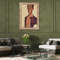 «Автопортрет с гримасой» в интерьере гостиной в оливковых тонах